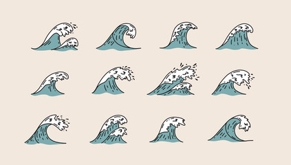 Wave hand drawn illustrations, vector.