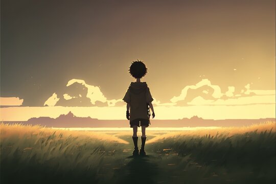 A Boy standinf field in 28000 BC time. illustration. anime. Digital painting art. digital painting style. generative AI