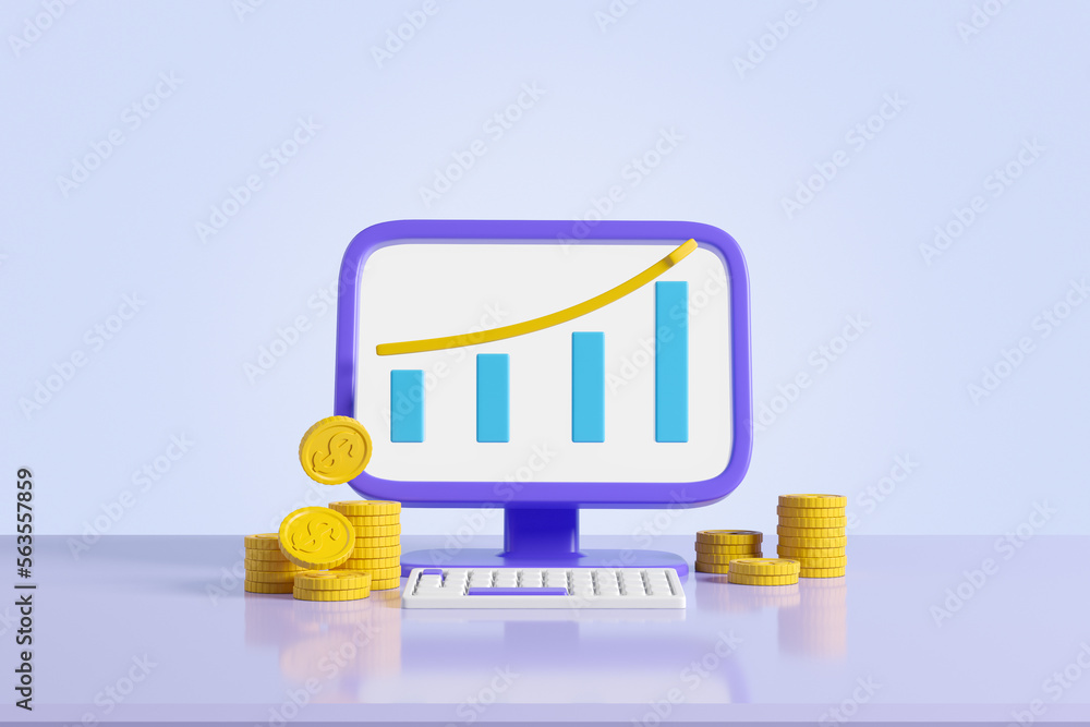 Poster pc computer with bar chart and growing line, stack of coins. mockup screen