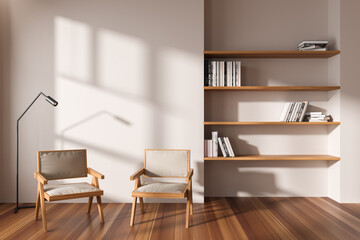 Light stylish chill interior with two seats and shelf. Mockup wall