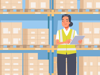 Woman warehouse manager with a tablet in her hands against the background of racks with goods. Vector illustration