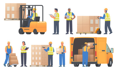 Warehouse workers characters set. Men and women, managers and laborers, forklift operator, movers. Logistics center staff - 563557818