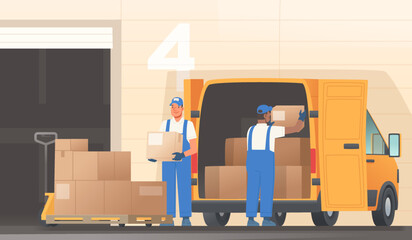 Workers load a delivery van with goods from a warehouse. Distribution of goods, e commerce, online orders from the marketplace. Vector illustration