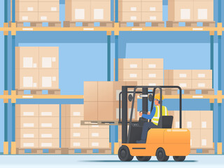 Naklejka premium Forklift operator is placing goods on a stacker in a warehouse. Vector illustration