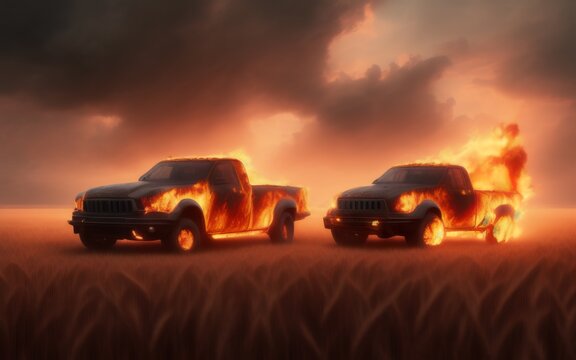 Pickup truck on fire in a wheat field during a firestorm. Created with generative AI
