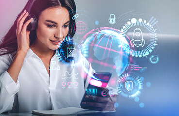 Businesswoman wearing formal wear listening to podcast watching at interface