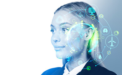 Businesswoman portrait and earth hologram with eco energy hud, copy space