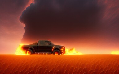 Fototapeta na wymiar Pickup truck on fire in a wheat field during a firestorm. Created with generative AI