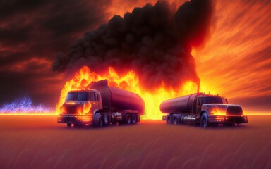 Obraz na płótnie Canvas Two fuel tankers on fire in a wheat field,. Created with Generative AI