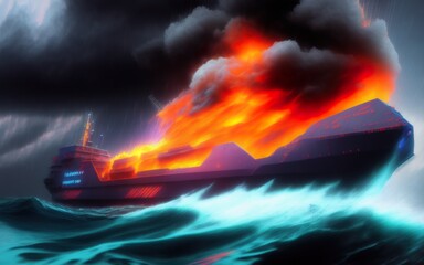 Cargo Ship on Fire. Created with generative AI