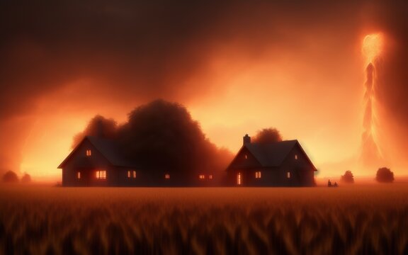 House on fire in a wheat field during a firestorm. Created with generative AI