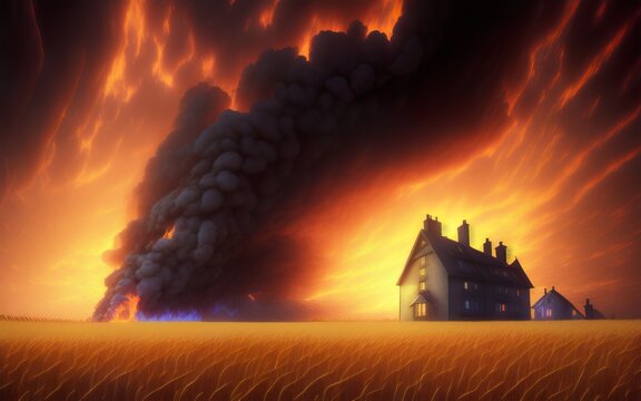 House on fire in a wheat field during a firestorm. Created with generative AI