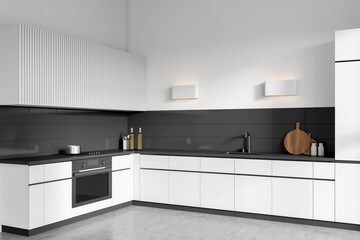 Light kitchen interior with shelves and kitchenware, cooking corner