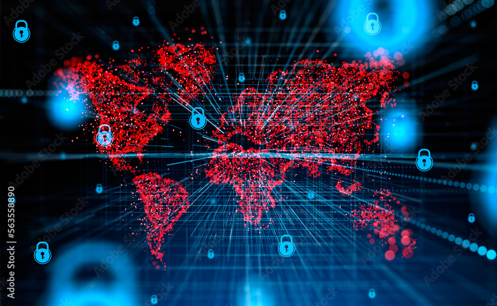 Poster world map and cybersecurity hologram and lock circuit, cyberattack