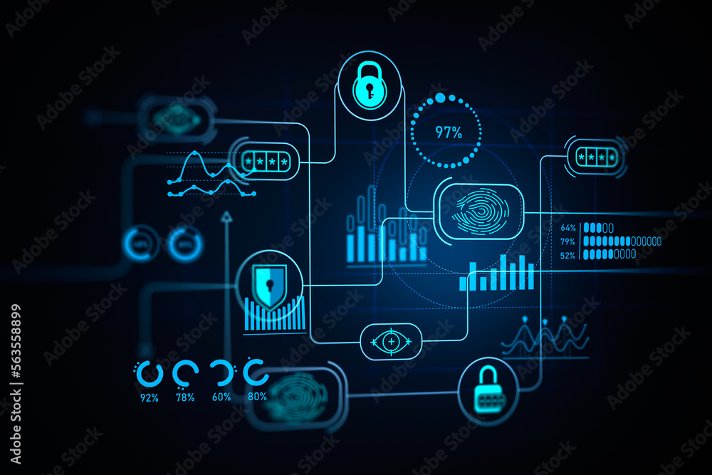 Poster digital cybersecurity chart with statistics and big business data protection