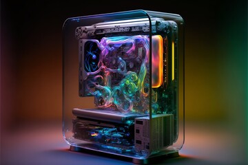 a see-through computer case housing tower, made out of glass, flat screen, colorful cooling system, realistic detail, motherboard, cpu and  hard drive,