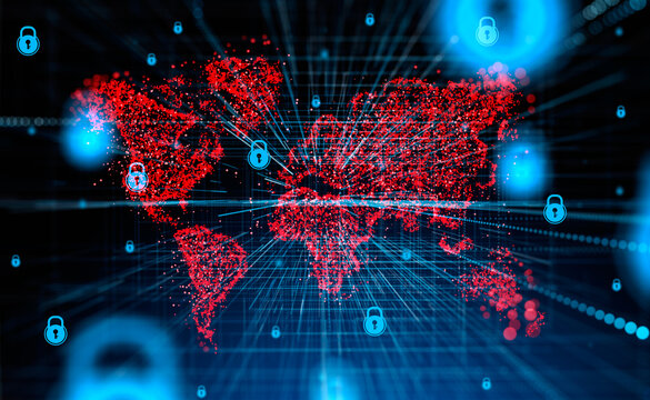 World map and cybersecurity hologram and lock circuit, cyberattack