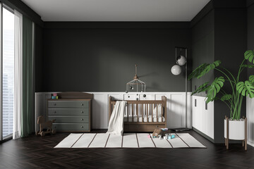 Grey baby room interior with crib, shelf and sideboard with panoramic window