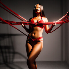 Beautiful sexy woman in lingerie. Bondage woman in bikini. Girl bound with ropes in bdsm. A dominant woman with a perfect body. Generative AI - fictional person.