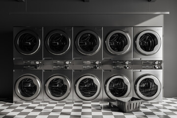 Grey laundry interior with row of washing machines - obrazy, fototapety, plakaty