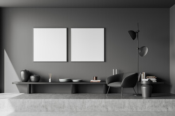 Obraz premium Dark living room interior with two empty white posters