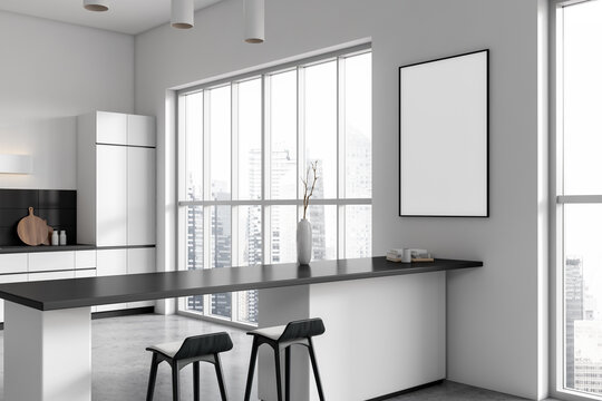 White kitchen interior with bar countertop and panoramic window. Mockup frame