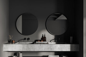 Grey bathroom interior with washbasins and mirror, accessories on deck