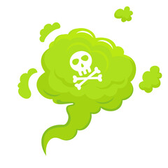 Green gas with a skull icon. Smelling green cartoon fart cloud vector illustration with cross bone skull. Bad stink or deadly gas. Cartoon smoke cloud isolated on white background. Flat style