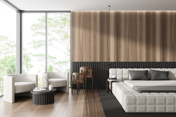 Front view on bright bedroom interior with bed, bedsides
