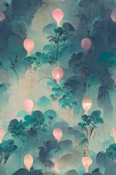 light blue on light green with lines of pink a dance of light in the sky volumetric lighting complex composition UHD vintage Disney illustration hyperdetailed seamless wallpaper rice paper © Janis