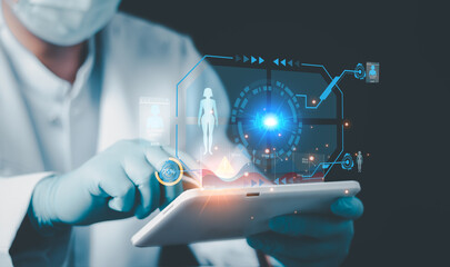 Medicine doctor touching icon medical network connection with modern interface on digital tablet in hospital background. Medical technology network concept.