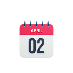 April Realistic Calendar Icon 3D Rendered Date April 02