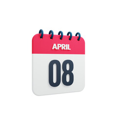 April Realistic Calendar Icon 3D Rendered Date April 08