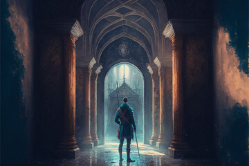 man with a spear standing in front of the hallway leading to the mysterious castle,  Generative AI	