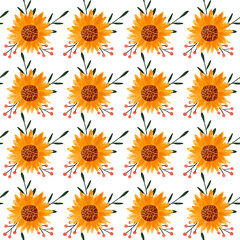 Sunflower watercolor seamless pattern. Yellow flowers garden farmhouse background. Summer flowers, autumn harvest flower with floral elements hand drawn illustration on white background