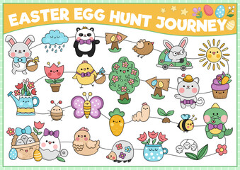 Vector black and white Easter egg hunt journey game with holiday symbols. Kawaii spring planner, maze, advent countdown calendar for kids. Festive garden poster with bunny, chick.