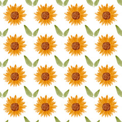 Sunflower watercolor seamless pattern. Yellow flowers garden farmhouse background. Summer flowers, autumn harvest flower with floral elements hand drawn illustration on white background