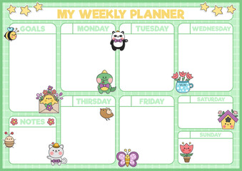 Vector spring weekly planner with traditional symbols. Cute garden calendar or timetable for kids. Easter holiday poster with kawaii bumblebee, panda bear, cat, beetle, crocodile, bird.