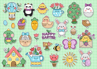 Vector Easter stickers with cute kawaii characters. Traditional spring holiday clipart for kids. Funny badges collection with bunny, chick, bumblebee, colored eggs. Garden cartoon icons set.