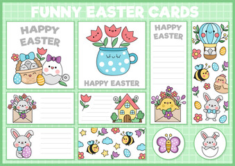Fototapeta na wymiar Cute Easter cards set with bunny, flowers, chick. Vector spring holiday square, round, vertical print templates. Design for tags, postcards, ads with bumblebee, hot air balloon, cottage house.