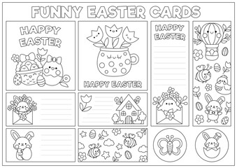 Cute black and white Easter cards set with bunny, flowers, chick. Vector spring holiday square, round, vertical print templates or coloring pages. Design for tags, postcards, ads with bumblebee.