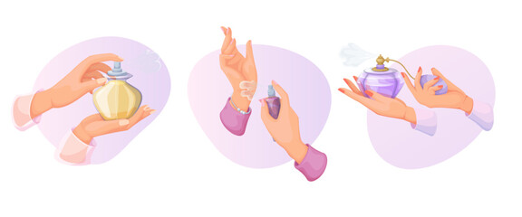 Hands spray perfume set vector illustration. Cartoon girls holding bottles with liquid of natural fragrance, female hands apply essence with fashion scent on skin, hold glass perfume containers