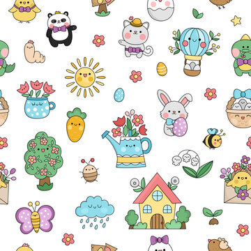 Vector kawaii Easter seamless pattern for kids. Cute cartoon repeat background. Traditional symbols digital paper with bunny, colored eggs, bird, chick, basket, flowers. Spring holiday texture.