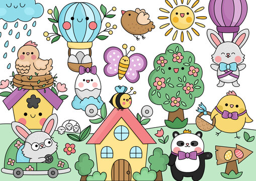 Vector kawaii Easter scene with bunny, colored eggs, cute cottage house, blooming tree, funny animals. Spring illustration. Cute holiday egg hunt scenery for kids with hot air balloon, birds, panda