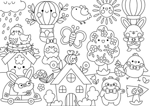 Vector black and white kawaii Easter scene with bunny, colored eggs, cute cottage house, blooming tree, funny animals. Spring coloring page. Cute holiday egg hunt scenery for kids.