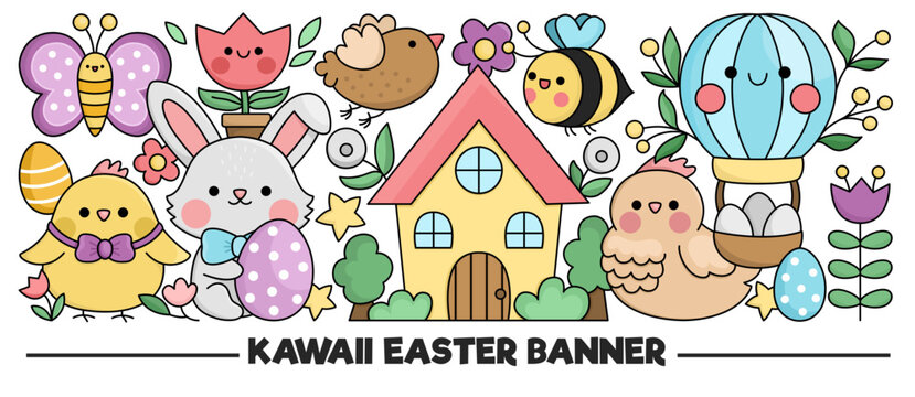 Easter horizontal banner with cute kawaii characters for kids. Vector funny bunny with chick, cottage, flowers, hot air balloon. Cute garden illustration. Funny spring holiday party set for kids.