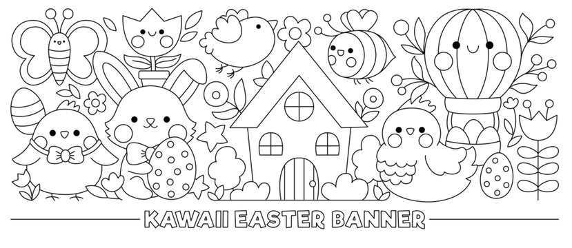 Easter black and white horizontal banner with cute kawaii characters for kids. Vector funny bunny with chick, cottage, flowers. Cute garden illustration. Funny spring holiday coloring page for kids.
