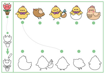 Easter shape matching, coloring and drawing activity. Spring holiday puzzle with cute kawaii birds. Find correct silhouette printable worksheet. Garden page for kids with hen and chick.