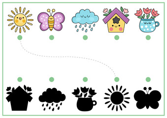 Garden shadow matching activity with traditional characters. Spring holiday shape recognition puzzle with cute kawaii animals. Find correct silhouette printable worksheet. Easter page for kids.