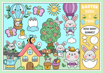 Vector Easter searching game with country house and kawaii characters. Spot hidden rabbits in the picture. Simple spring holiday seek and find page or egg hunt printable activity with bunny.